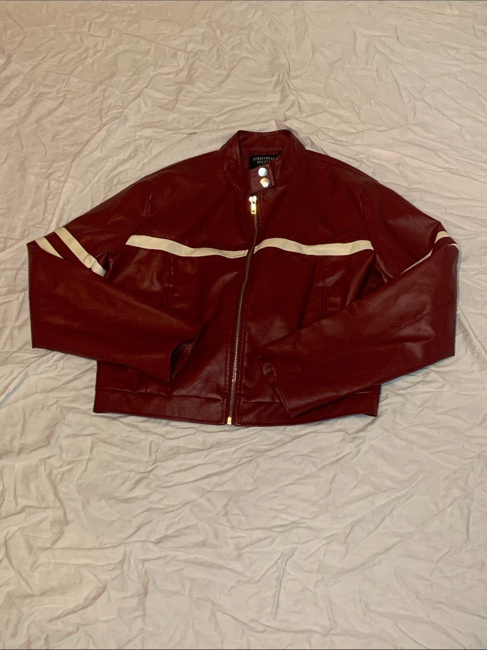 Burgundy Leather Bomber Jacket with White Stripes